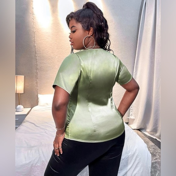 Plus Button Front Ruffle Trim Satin Top - Picture 2 of 4